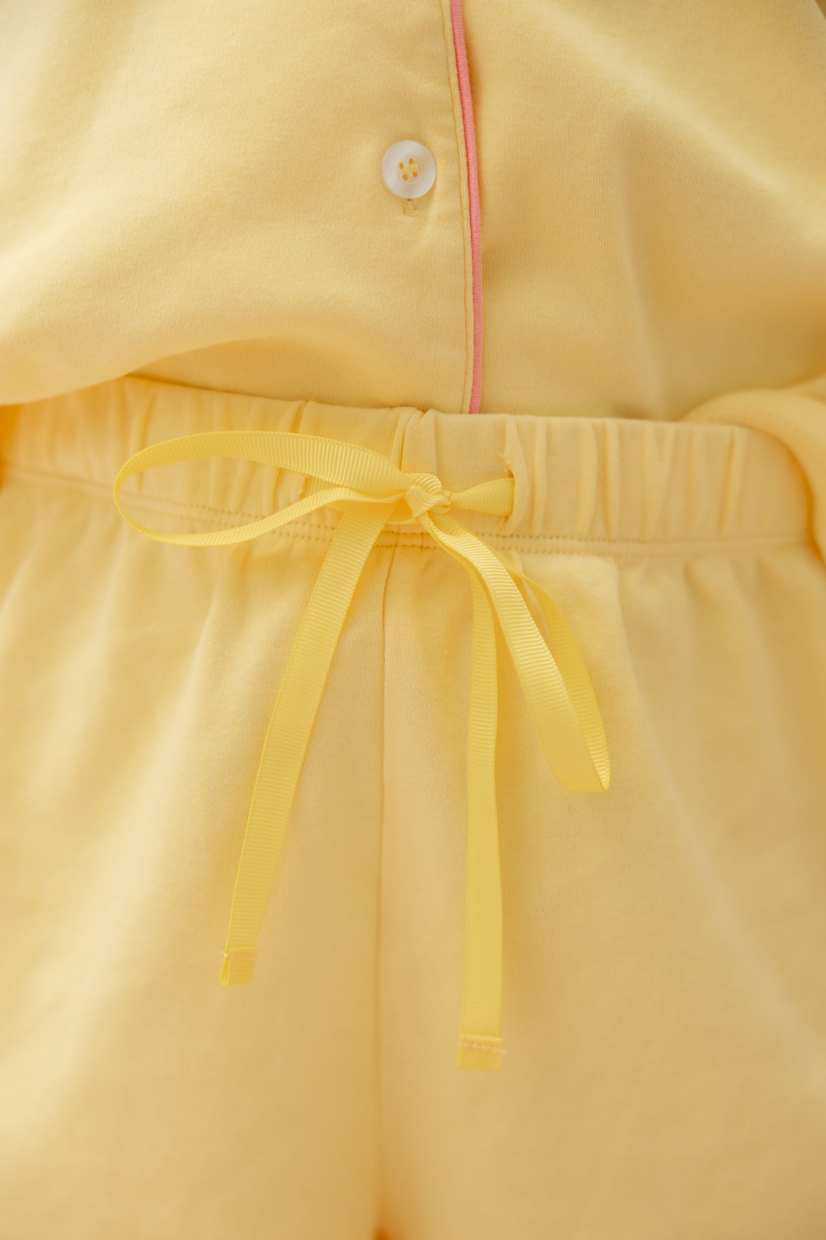 Butter yellow Neon94 pyjama shorts with yellow drawstring tie, Popcorn Sleepover Set