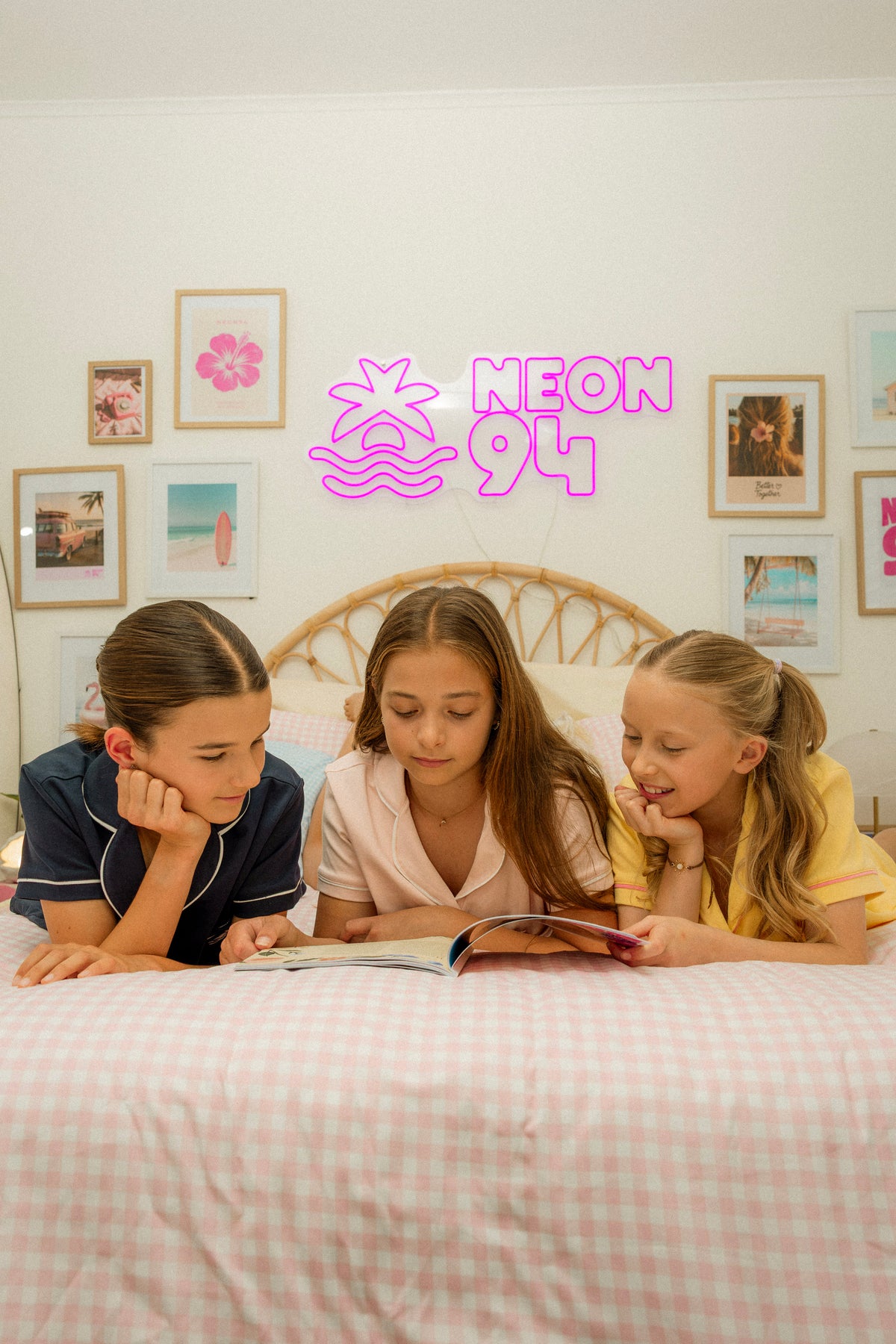 Girl wearing the Neon94 Bubblegum blush pink Sleepover Set pyjamas